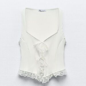 Zara Cream Lace-Trimmed Tie-Front Vest